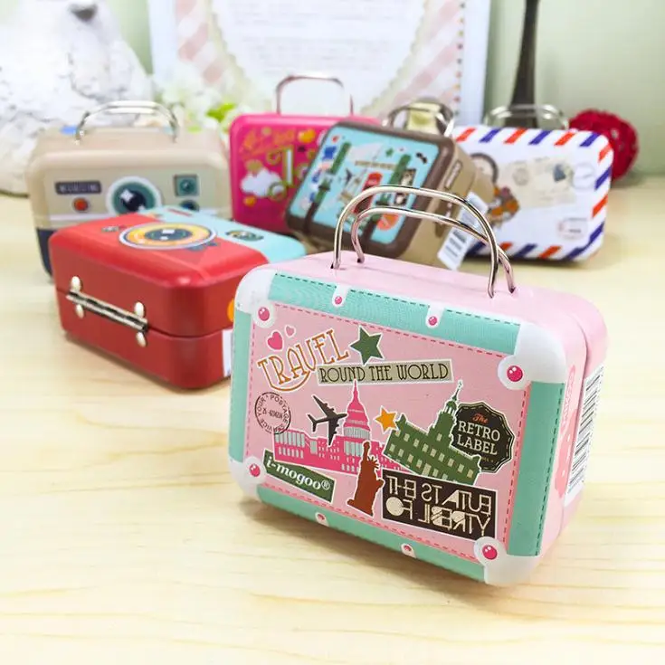 

100pcs 75*35*55mm Small Tin Vintage Party Rectangle Handbag Suitcase Luggage Shaped Candy Box Wedding Favor Gift Boxes SN218