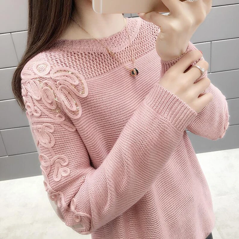 

2019 Fashion Hollow Out Women Sweater Knitted Spring Autumn Long Sleeve Sexy Lace Patchwork Pullover Female Loose Sweaters Tops