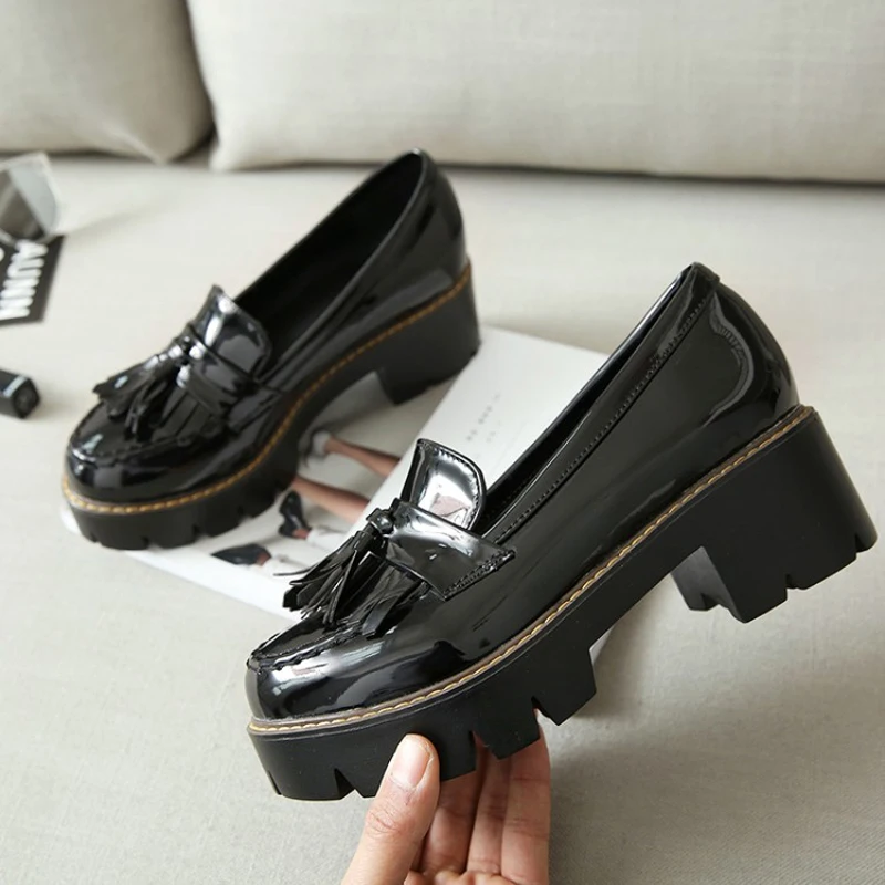 Loafers Handmade Patent Leather Ladies Oxfords Shoes Full season Casual Women Pumps Tassel Black Oxford Shoes For Women Size 43