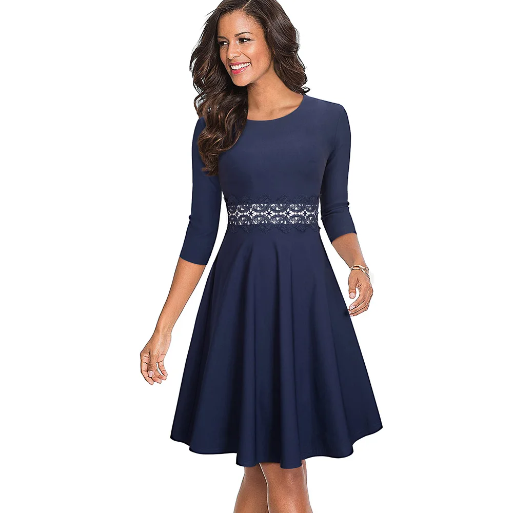 Navy with Sleeve Хорошее-forever винтажное элегантное кружевное лоскутное платье с цветочной вышивкой трапециевидной формы Pinup Деловые женские вечерние Расклешенные платья A079 - Цвет: Navy with Sleeve