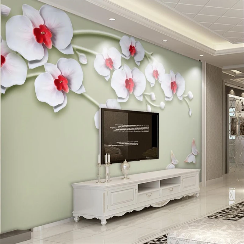 

beibehang 3d wall paper murals custom living room bedroom new Chinese relief three-dimensional phalaenopsis plaster murals