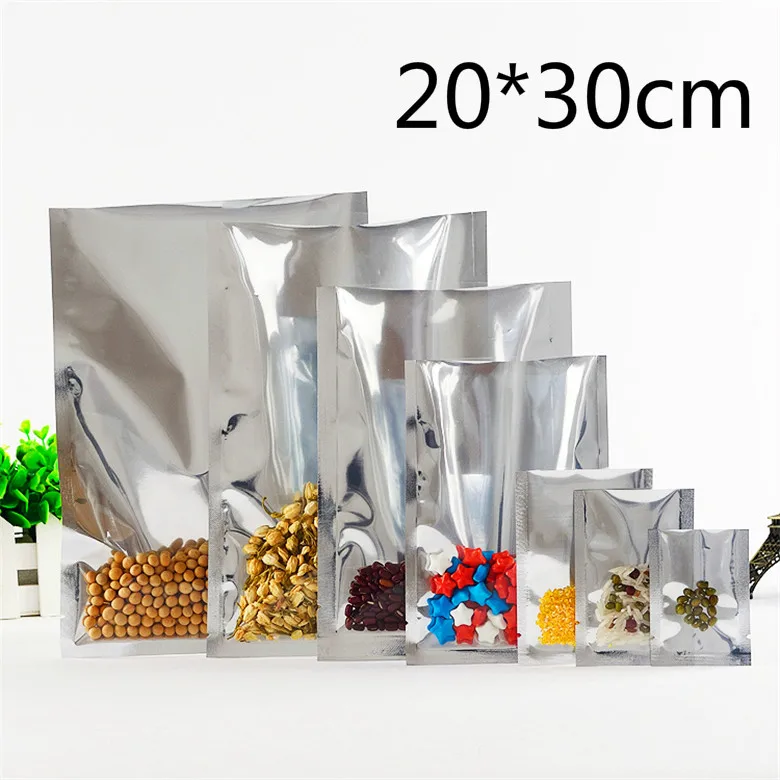 

Wholesale 20*30cm Silver Aluminum Foil Clear Plastic Party Pack Pouch For Coffee Food Open Top Vacuum Package Bag Heat Sealable