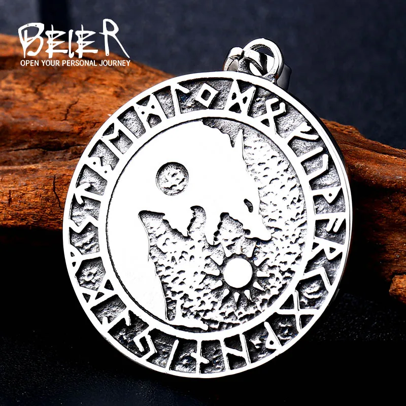 Beier stainless Viking Nordic Amulet Large Chain Men Norse Vikings Runes Wolf Pendant Necklace fashion jewelry BP8-326 | Украшения и
