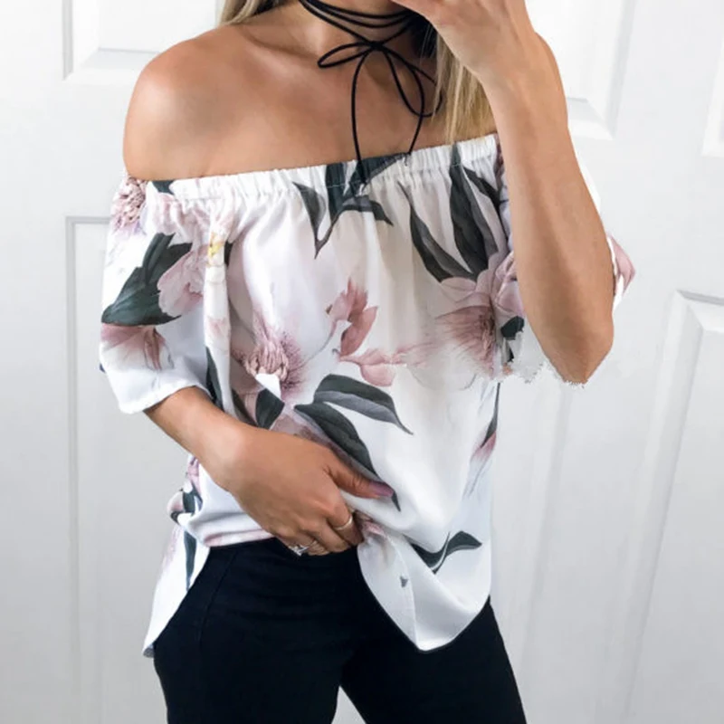 Новые женские летние свободные блузки с открытыми плечами и рукавами цветочным