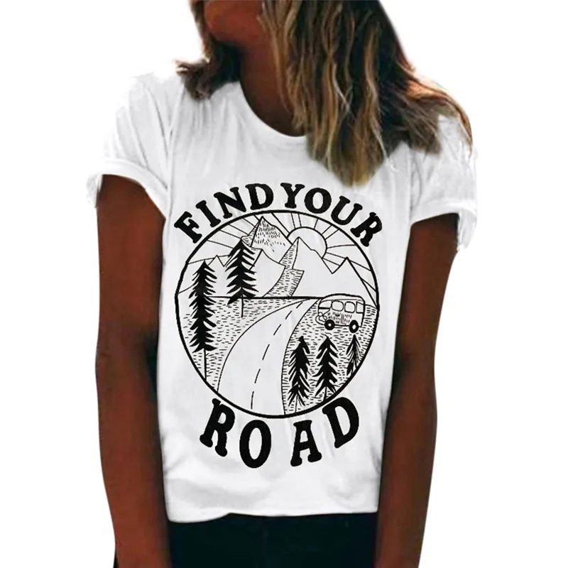 Женская футболка летняя с коротким рукавом и надписью Find Your Road круглым вырезом