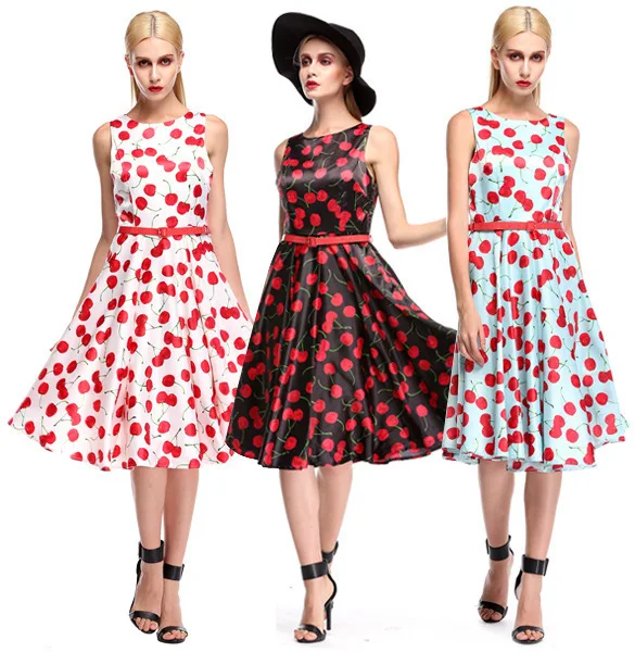 Новая мода 2018 платье Для женщин Винтаж вишня с принтом рукавов плиссированные