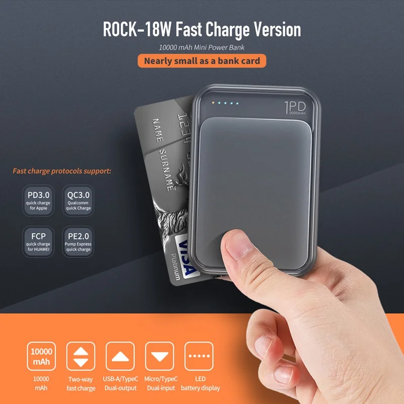 ROCK Mini Power Bank 10000 мАч 18 Вт USB C PD Быстрая зарядка QC3.0 внешняя батарея для iPhone Xs Samsung S9