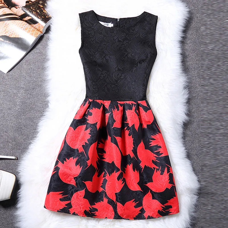 Женское жаккардовое платье с цветочным принтом без рукавов|vestidos fashion|vestidos plusdress