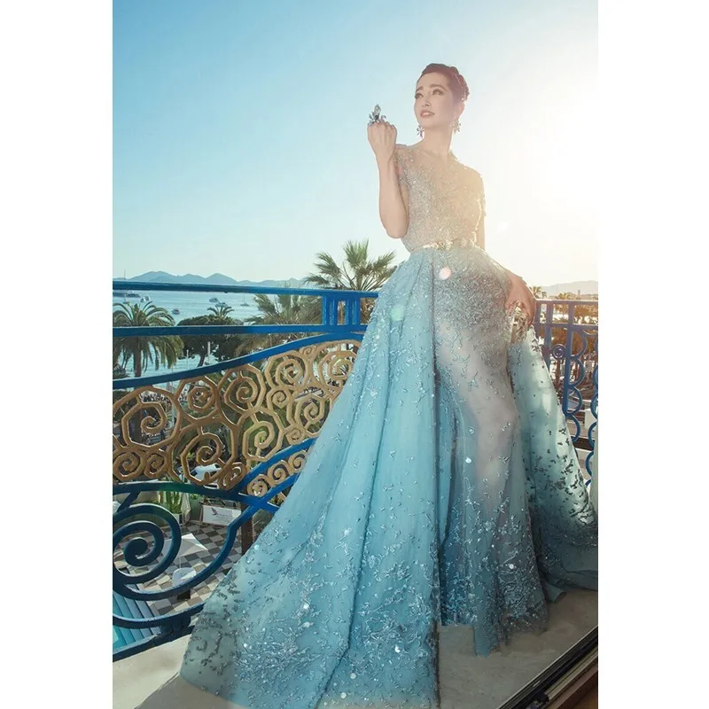 Вечернее платье с коротким рукавом и отсоединяемым шлейфом 2019|short sleeve evening