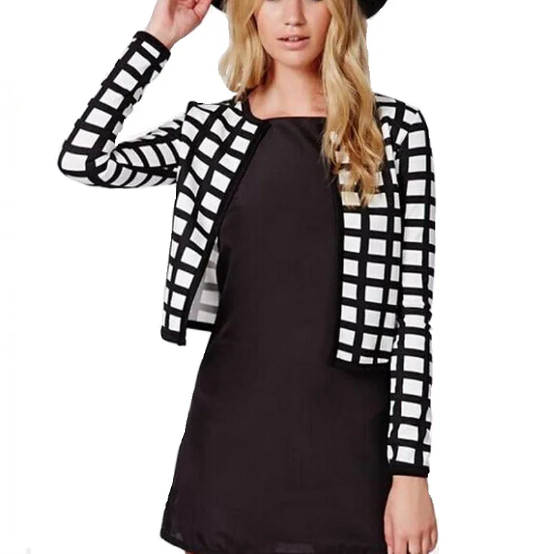 Windreama Для женщин Винтаж черные и белые клетчатый блейзер Feminino короткая куртка