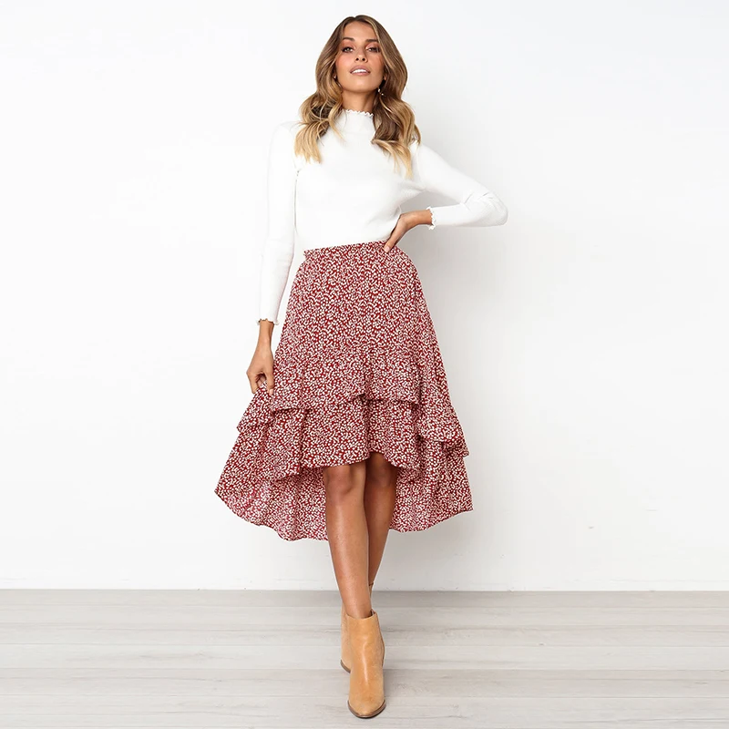 

High Waist Flounce Beach Women Skirts Polka Dot Feminino Summer Ruffles Asymmetrical Elegant Midi Skirt