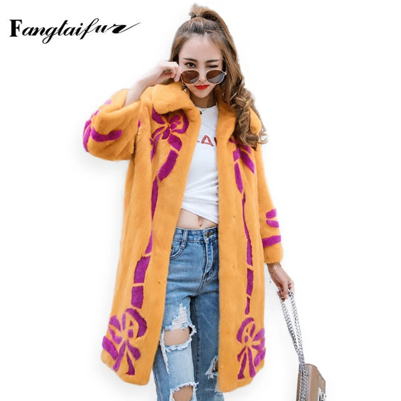 

Ftangaiur Winter Import Velvet Mink Fur Coat Print Slim Turn-Down Collar Women Medium Loss Real Mink Fur Coats