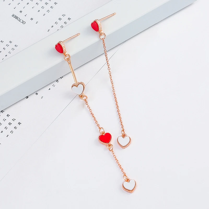 Простые Асимметричный красный любовь леди длинные серьги маленький с кисточкой