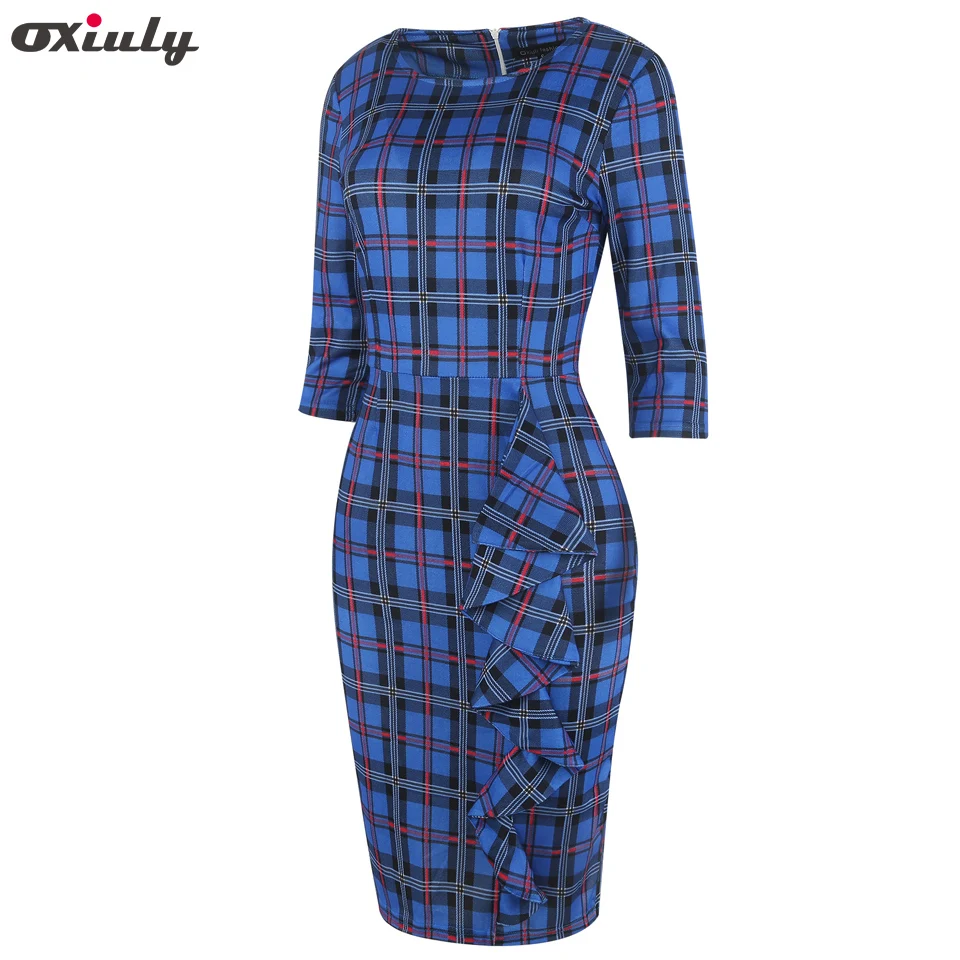 Oxiuly офисное женское ДРАПИРОВАННОЕ винтажное синее клетчатое повседневное