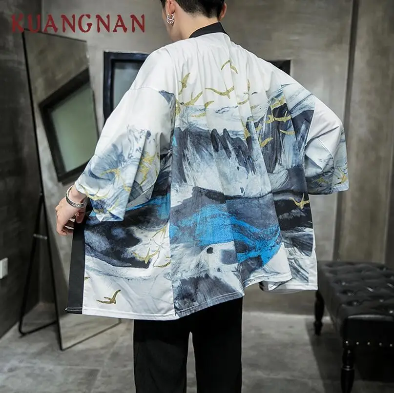 Golden Wild Goose KUANGNAN Wild Goose Print Kimono Men Japanese Kimono Cardigan Harajuku Kimono Shirt Men Streetwear Hawaiian Shirt Men - Цвет: Golden Wild Goose