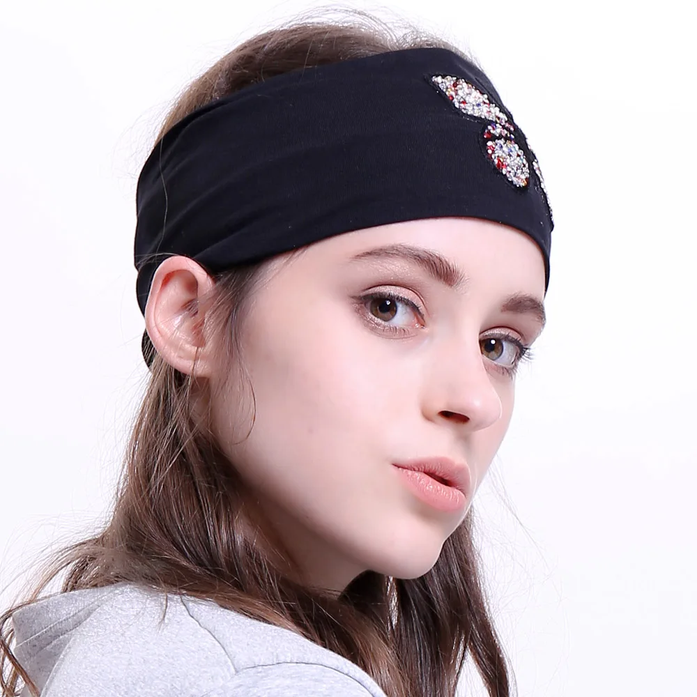 Женские гладкие растяжимые повязки Geebro, модные хлопковые бабочки, эластичная плоская повязка для девочек, блестящая ринестоунами.