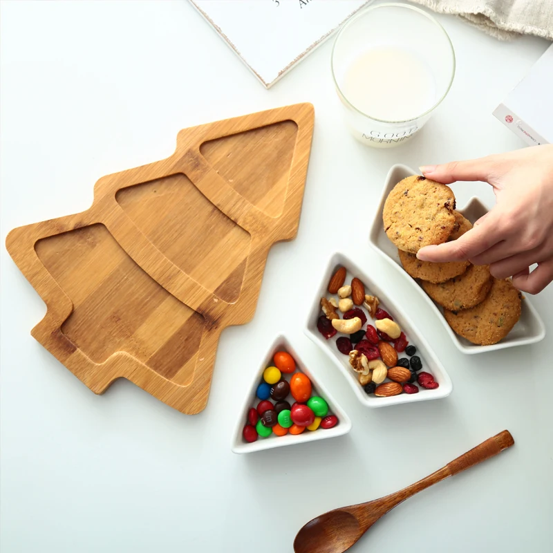Ceramic Plate Food Tray Wood Stand Christmas Tree Shape Flat Dish Creative Decoration Container Sushi Assiette | Дом и сад