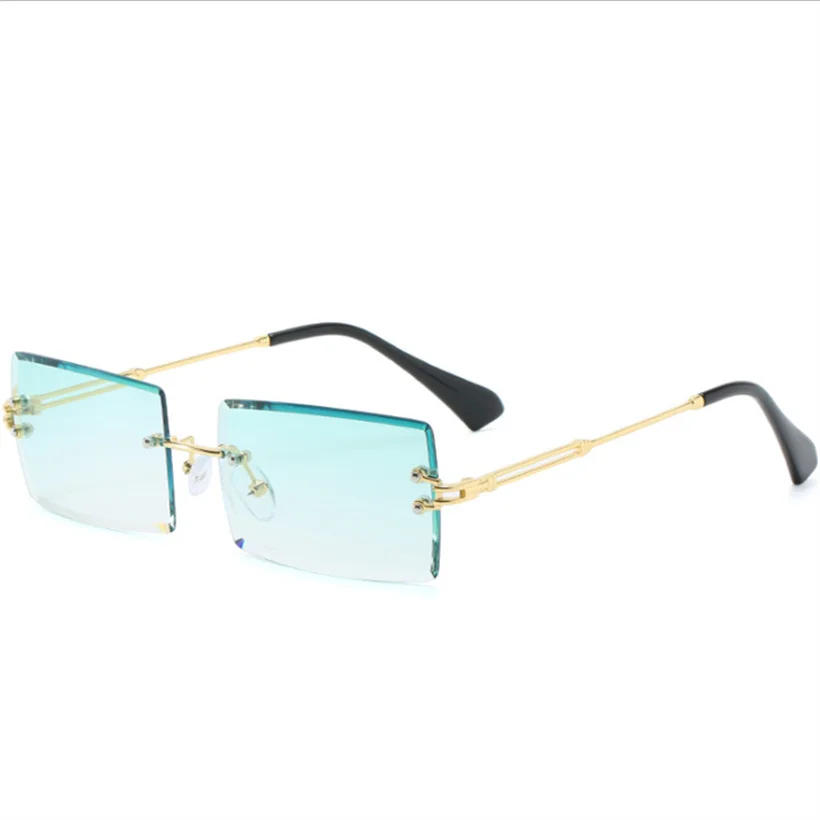 YOOSKE Rimless Sunglasses Women Fashion Small Rectangle Sun Glasses Ladies Brand Designer Vintage Black Green Pink Eyeglasses - Цвет линз: Зеленый