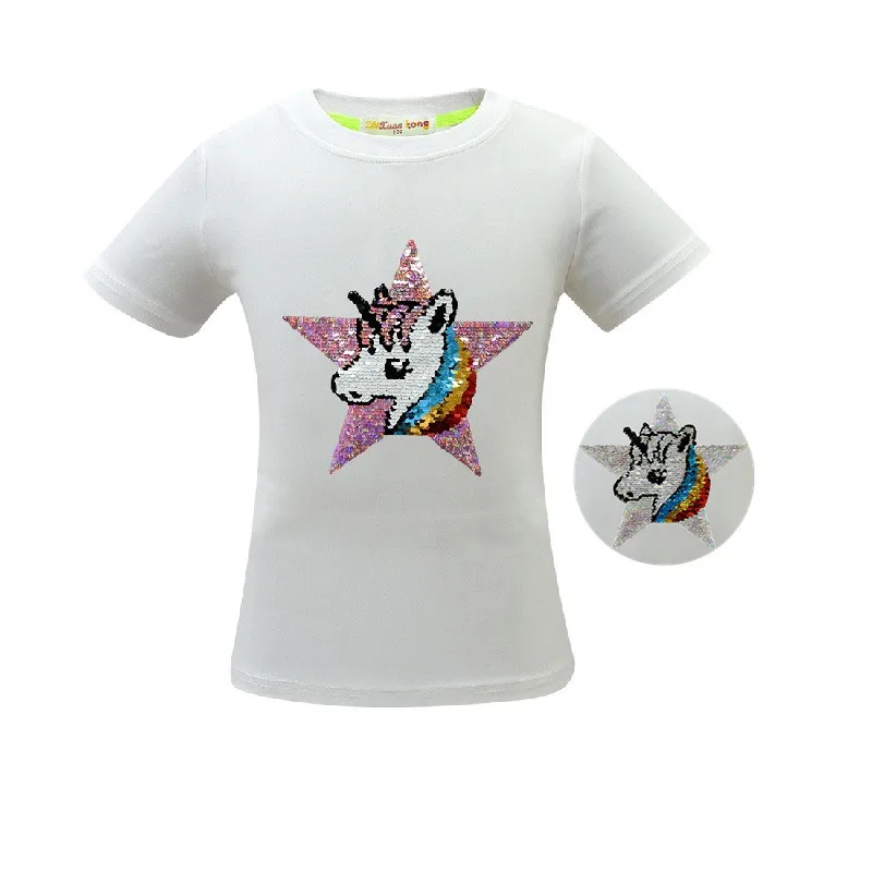 3469 White Футболка с единорогом летняя одежда для маленьких девочек Camiseta Unicornio, футболка топы для девочек, Femme, Детская футболка, Enfant, для дня рождения, цветная, с блестками - Цвет: 3469 White
