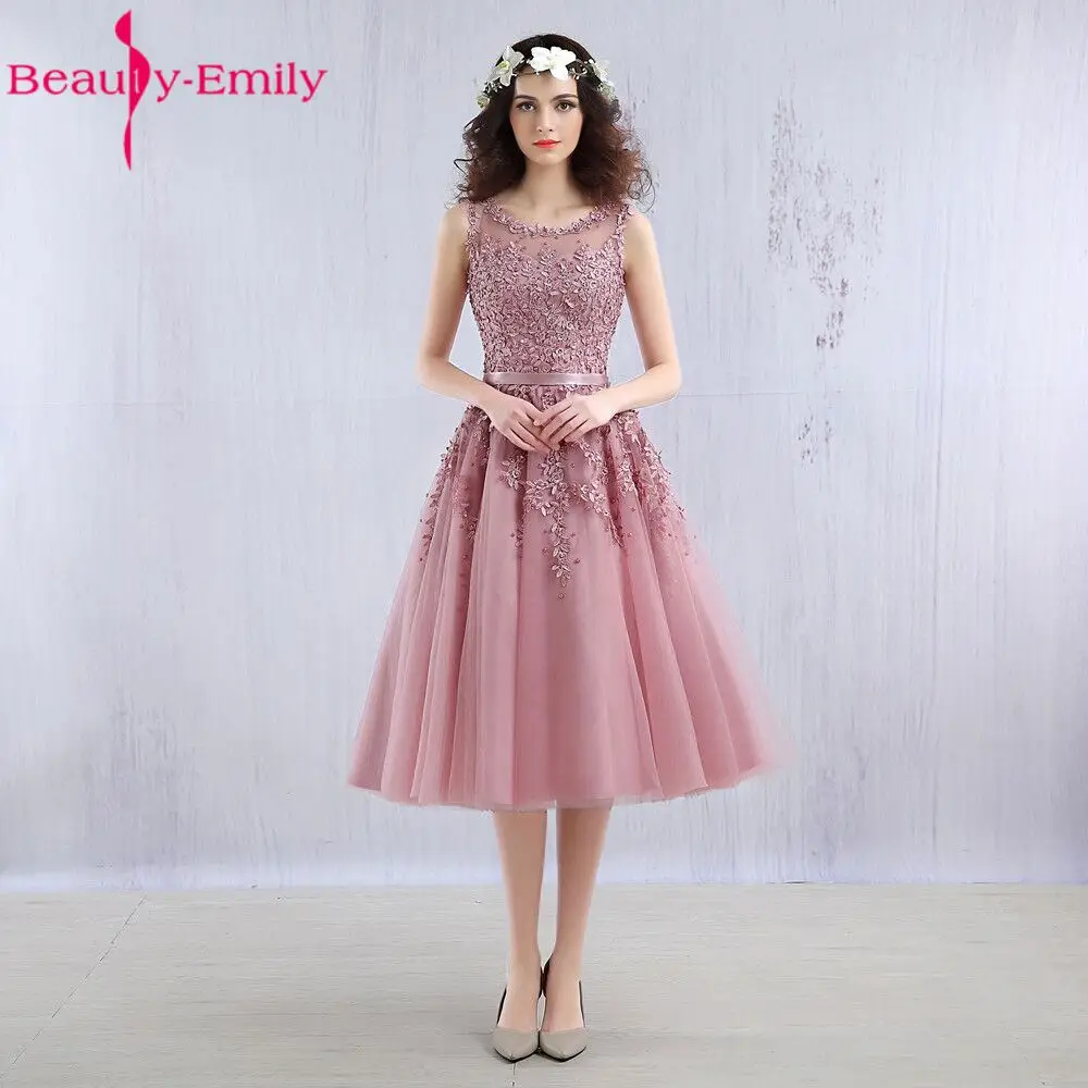 

New Arrival Pink Heavy Beaded Lace Prom Dresses 2019 Elegant O Neck Sleeveless Knee Length Prom Dresses