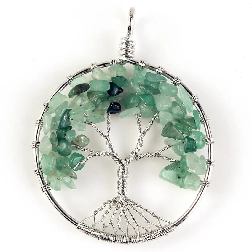 

Trendy-beads Silver Plated Wire Wrap Natural Green Aventurine Tree of Life Plant Pendant Charm Jewelry
