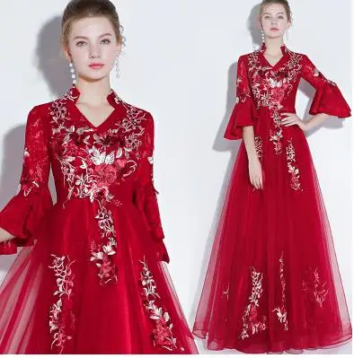 dark red Кружевные Серебристые платья для матери невесты, для свадьбы, для гостей, с вышивкой, тюлевые рукава Джульетты, элегантные вечерние платья, robe de bal - Цвет: dark red