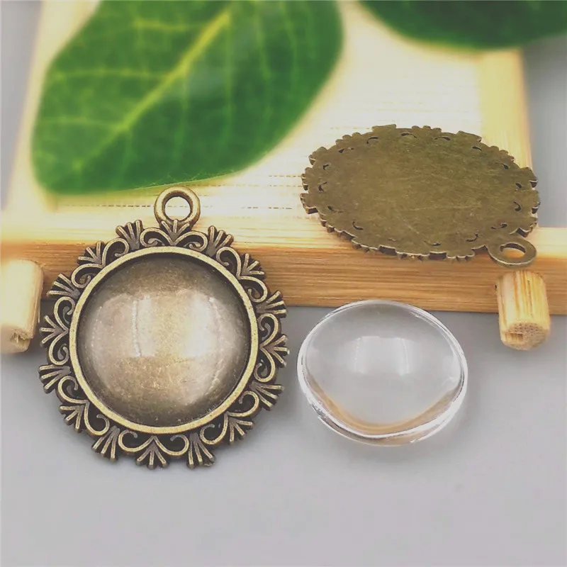 10sets/lot 20mm Round Antique Bronze Alloy DIY Cameo base Setting Pendant+Clear Glass Cabochons Beads Jewelry finding A1021 | Украшения и