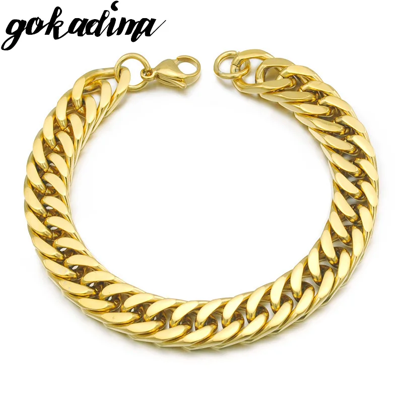 18k gold plated Gokadima, золотые браслеты из нержавеющей стали, панцирная кубинская цепочка, мужской браслет, ювелирное изделие, pulseira masculina, Рождественский подарок - Окраска металла: 18k gold plated