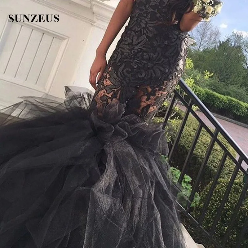 Черное платье Русалочки для выпускного вечера кружевные Длинные вечерние платья
