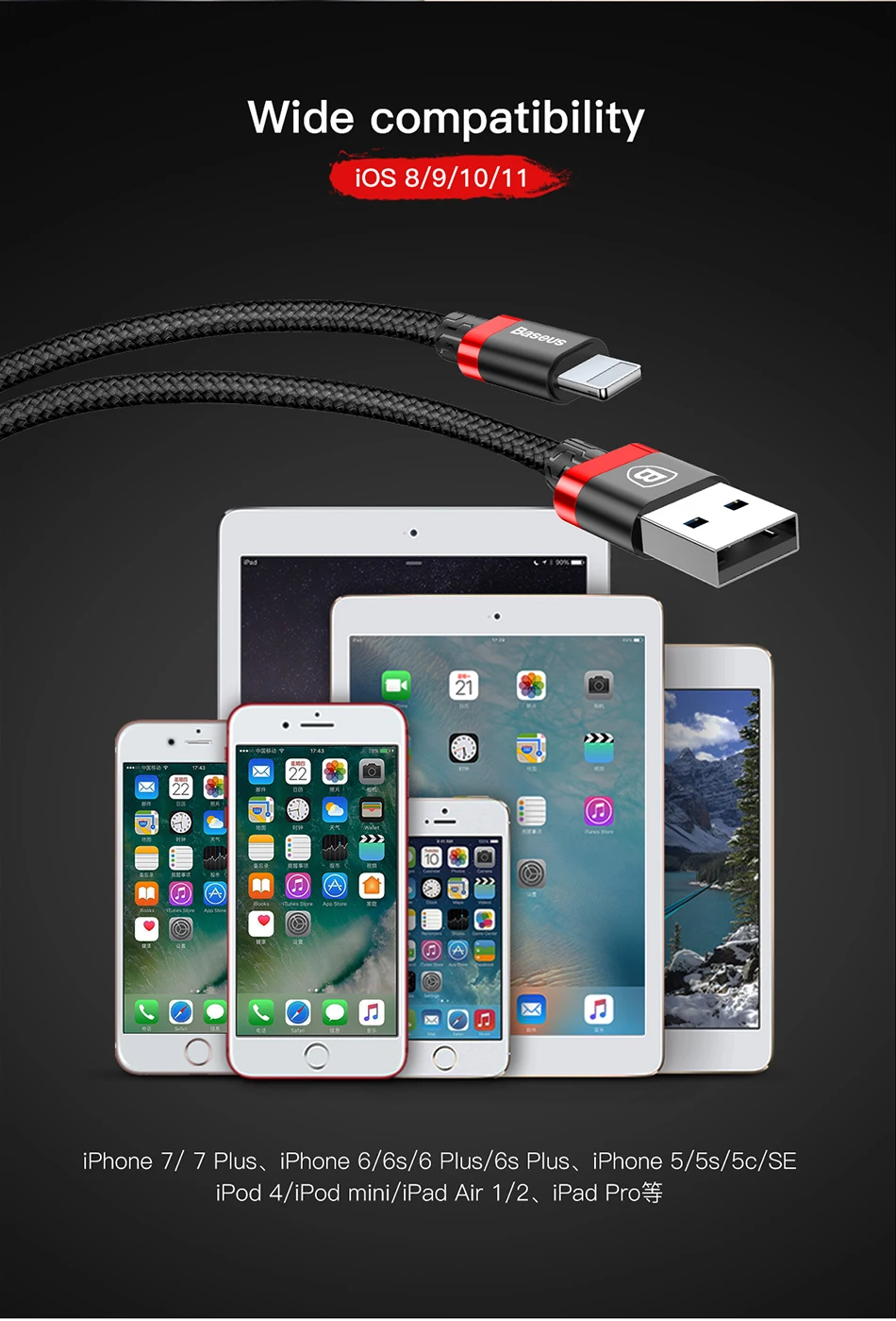 Usb-кабель Baseus 2A для iPhone X, 8, 7, 6, 5, iPad, быстрое зарядное устройство, зарядный кабель для мобильного телефона, кабель для синхронизации данных, металлический usb-кабель