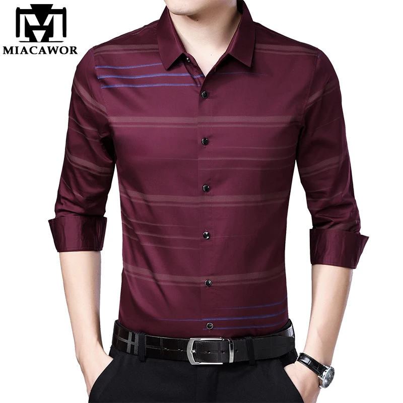 

MIACAWOR Новая повседневная рубашка Мужская модная полосатая рубашка с длинным рукавом мужская приталенная рубашка Camisa Masculina мужская одежда C524