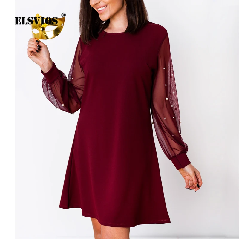 ELSVIOS женское элегантное вечернее платье с круглым вырезом полупрозрачное