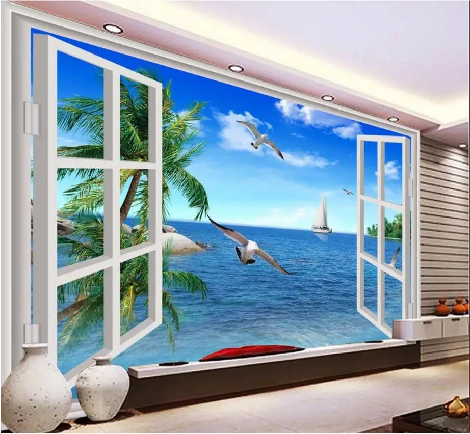 

Custom photo mural 3d room wall paper Window seaside coco seagull landscape background 3d wall murals wallpaper for wall 3 d