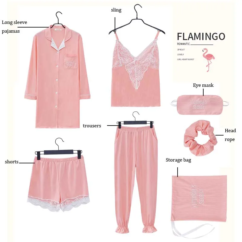 Женские пижамы из семи частей Осенние сексуальные кружевные женские хлопковые