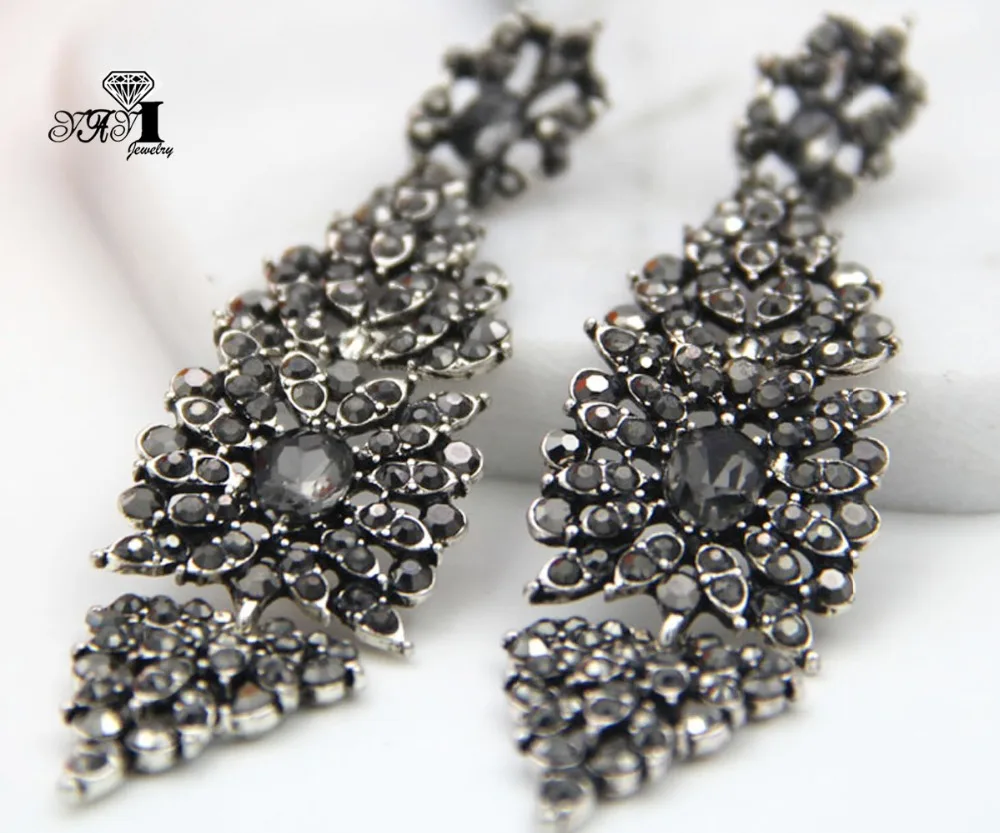 YaYi Jewelry Gray Glass Rhinestone Dangle Crystal Earring Women's Fashion Ancient Silver Color Gem Long Earrings Gift 1266 | Украшения