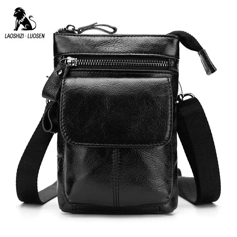 LAOSHIZI LUOSEN Fanny Pack Men Oil Wax Genuine Leather Waist Bag Phone Belt Fashion Brands Multifunction with Shoulder Strap | Багаж и