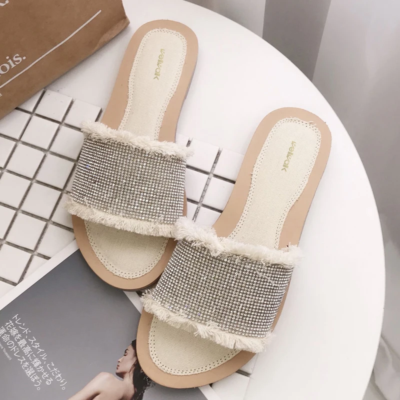 Wellwalk Woman Crystal Jean Slippers Comfort Ladies Flat Foldable Slides Round Toe Summer Shoes Female Tassel Slipper | Обувь