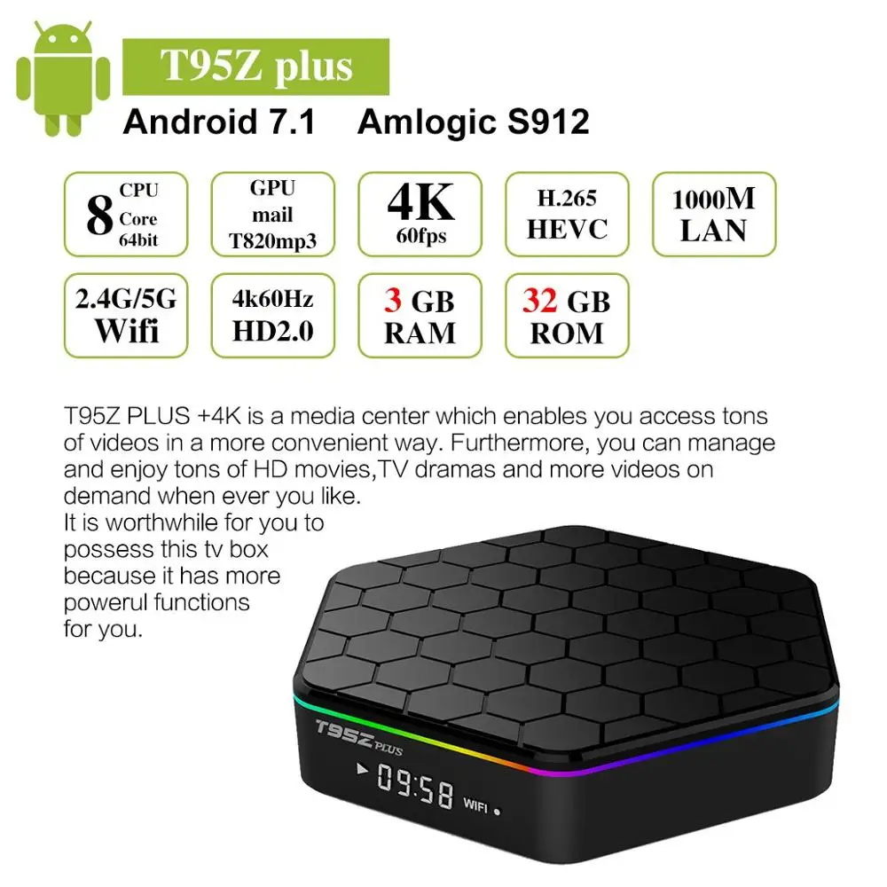 T95Z Plus Home Smart TV BOX 2 ГБ/16 ГБ 3 Гб/32 RAM RK3328 Восьмиядерный Android 7 1 медиаплеер 4G/5G WiFi BT4.0 4K HD