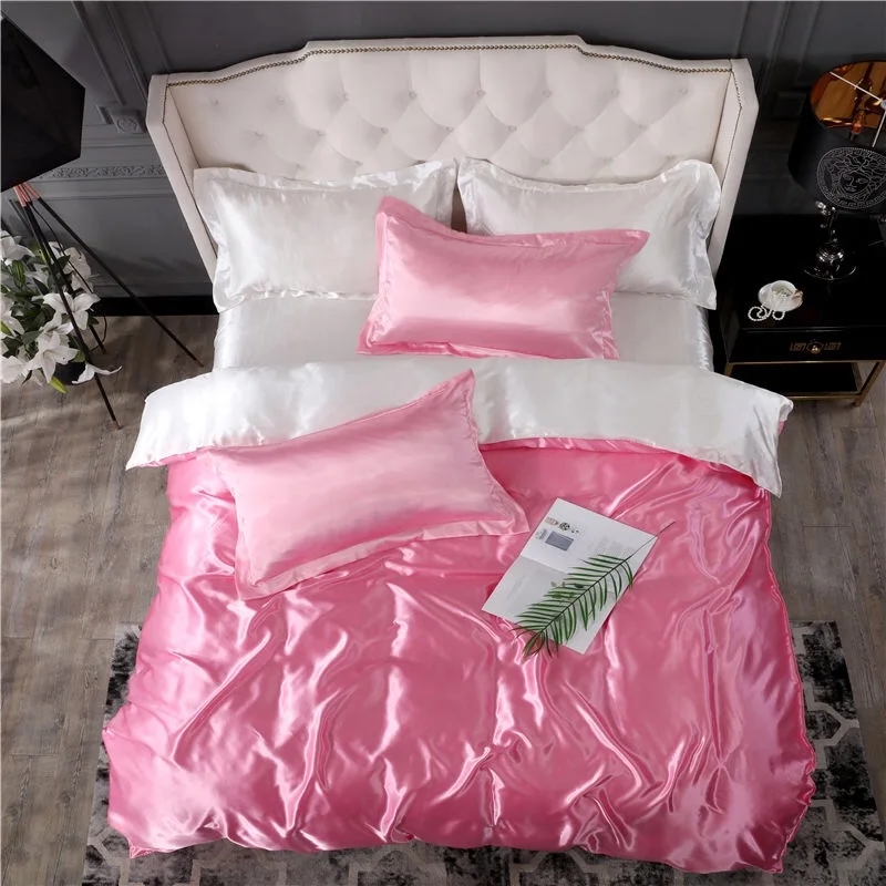pink and white 3/4 шт. Роскошные атласные шелковые Постельное белье queen King Размеры, темно-синий, серый, зеленый, пододеяльник наволочка сплошной Цвет комплекты Plat простыни постельное белье - Цвет: pink and white
