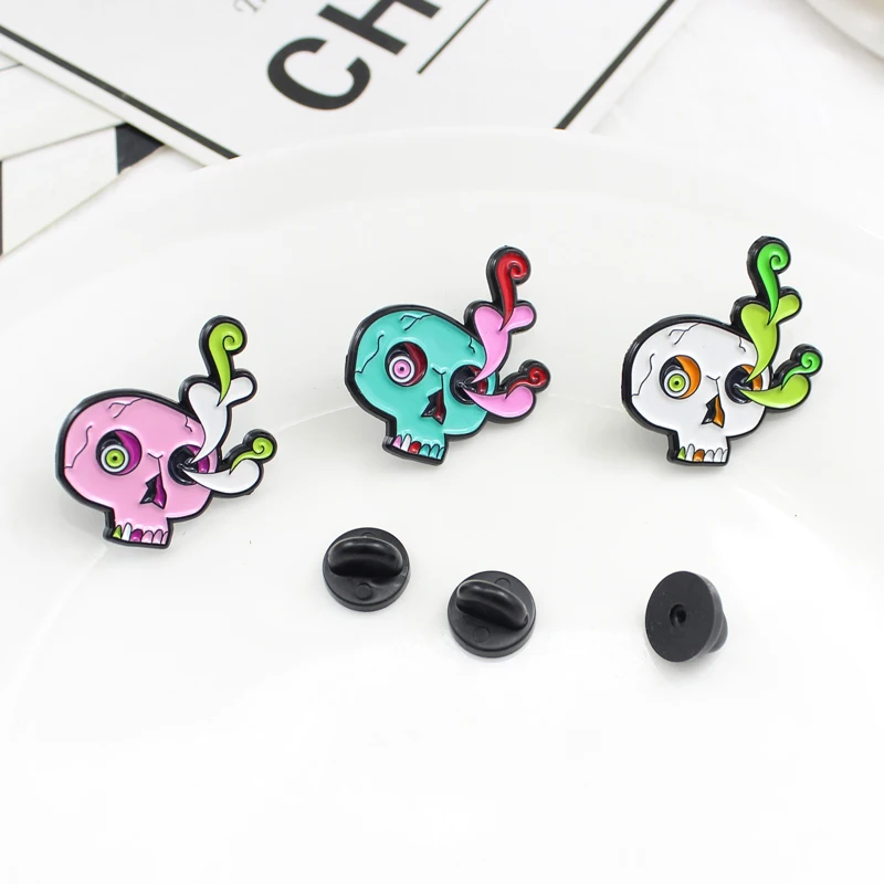 Брошка с цветком в виде ветки черепа 3 цвета Скелетон трещины спиральные глаза