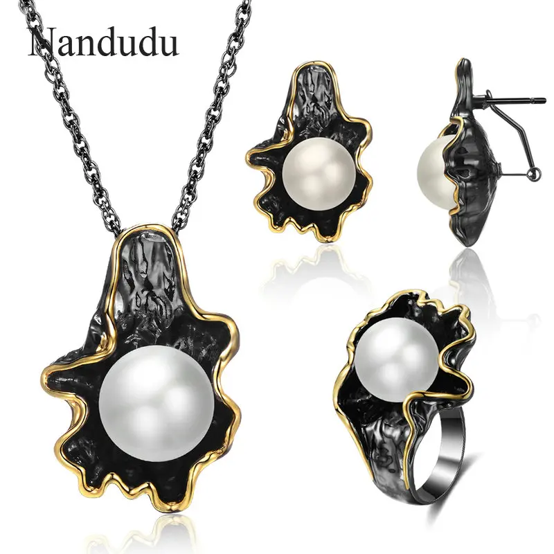 Nandudu Большой жемчуг черный пистолет цвет серьги ожерелье кольцо Ювелирные наборы