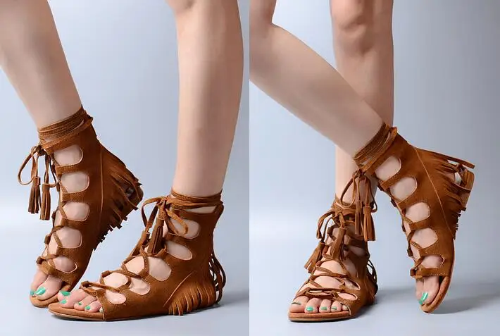 

Open Toe Lace Up Gladiator Sandals Women Botas Summer Casual Flats Lace Up Fringe Dress Shoes Rome Sandalias Cross Tied Shoes 41