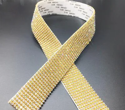 Gold 10 ROW 60CM Алюминий стекло кристалл сетка аппликация самоклеющиеся сетчатый страз окантовка в рулоне для свадебных платьев ремесла SOWOO - Цвет: Gold 10 ROW 60CM