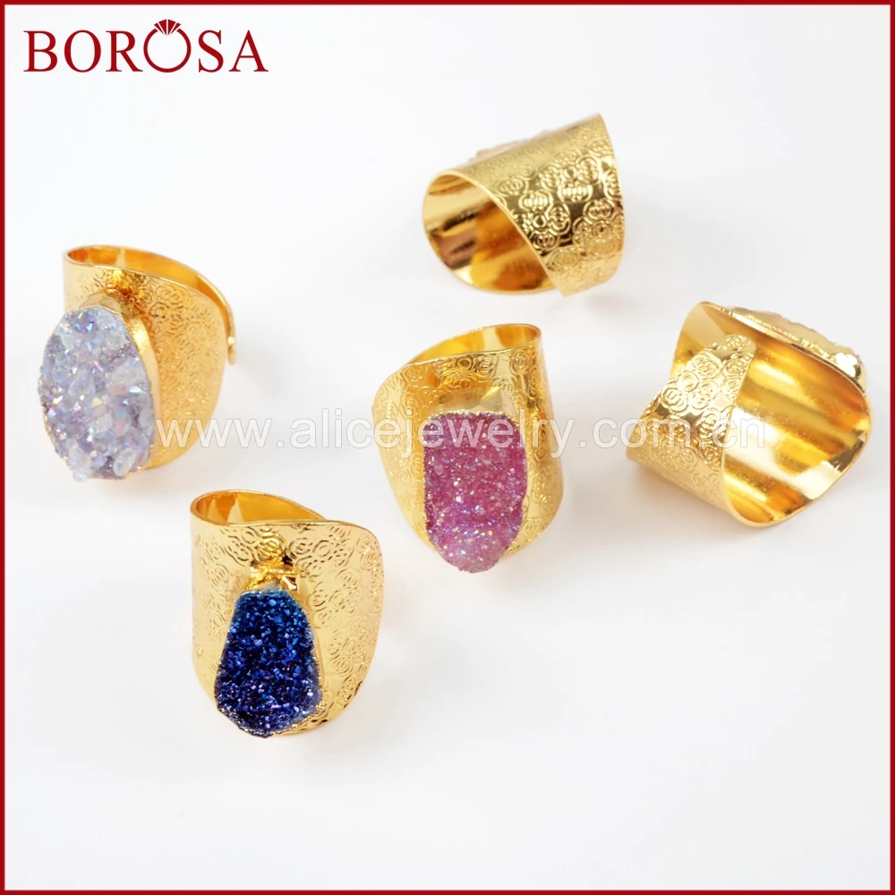 BOROSA 5/10 шт. золото Цвет Радуга Титан AB Druzy Регулируемые кольца модные Разноцветные