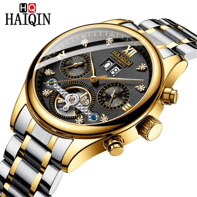 Gold Black S HAIQIN мужские часы новые роскошные золотые деловые машины/Досуг/автоматический/водонепроницаемый/нержавеющая сталь/часы для мужчин - Цвет: Gold Black S
