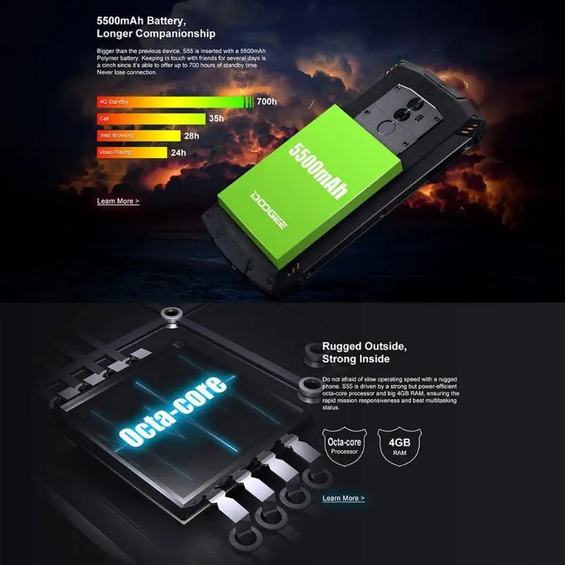 Doogee S55 Ip68 Водонепроницаемый Android 8,0 смартфон 4 ГБ ОЗУ 64 Гб ПЗУ 5500 мАч Mtk6750t Восьмиядерный 5,5 дюймов две sim-карты МП мобильный телефон