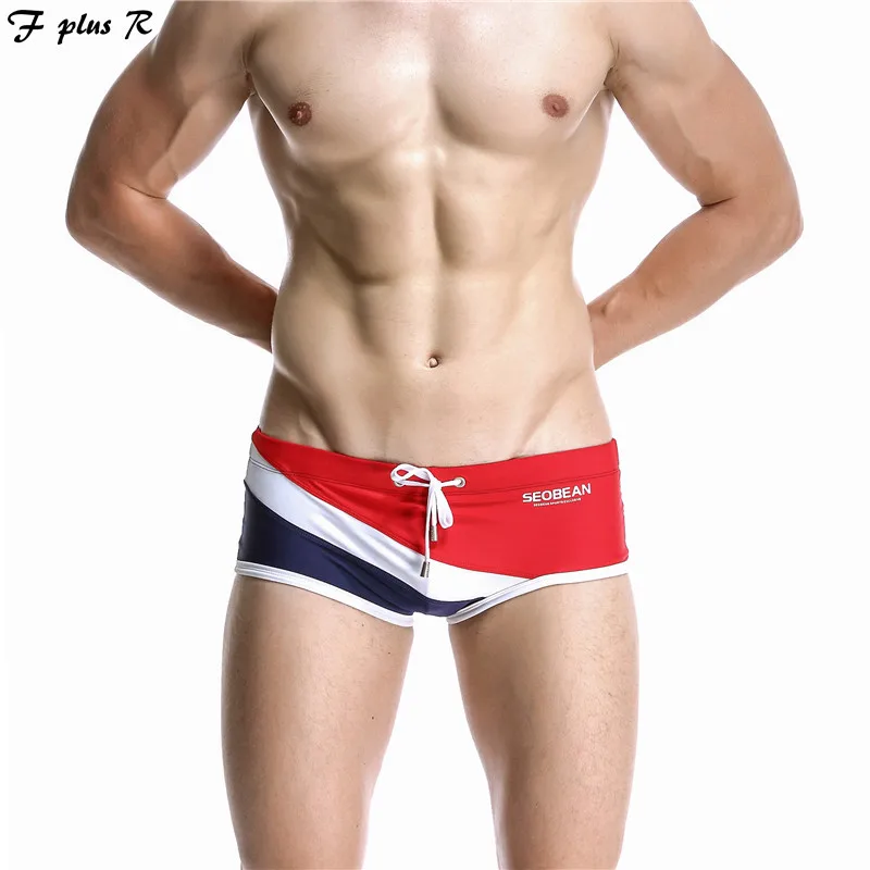 F plus R Sexy Men's Swimming Trunks Lace Up Patchwork Swimsuits Surf Board Beachwear Swim Briefs | Спорт и развлечения