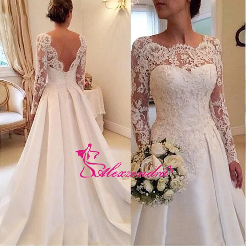

Alexzendra Long Sleeves Vintage Wedding Dresses Customize Lace Applique V Back Vintage Bride Dresses Plus Size
