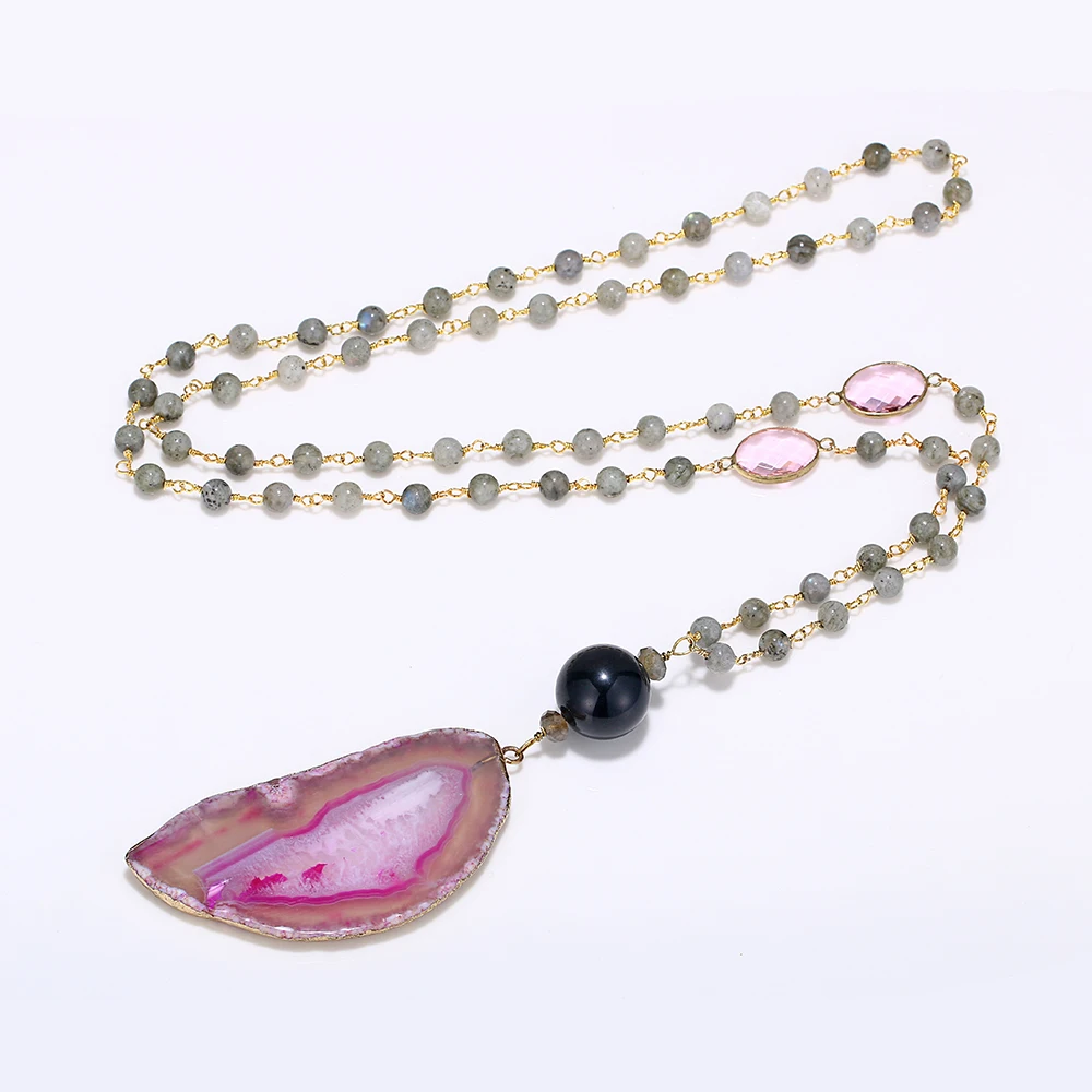 

Bohemian Pink Agates Necklace Natural Labradorite Bead Chain Yoga Necklaces Black Obsidian Gemstone Pendant Necklaces For Women