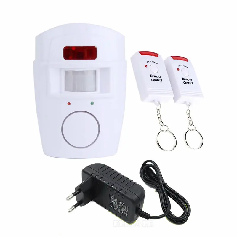 EU Plug PIR датчик движения, сигнализация 105dB с беспроводным 2 пультами дистанционного управления, адаптер питания для дома, офиса, гаража, сарай, караван, безопасность - Цвет: EU Plug